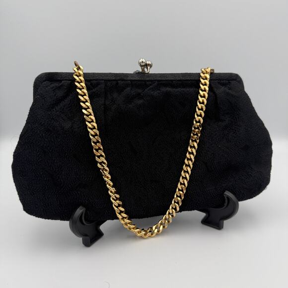 VTG St. Thomas Clutch Purse Evening Bag Black Jacquard Gold Chain 70s Vintage - Picture 1 of 14